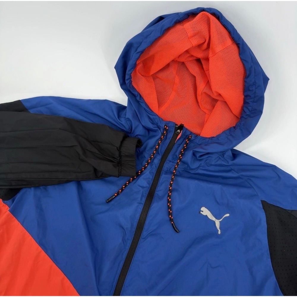 Puma Training Mens Windbreaker Jacket Blue Orange Black Colorblock Hooded Size M